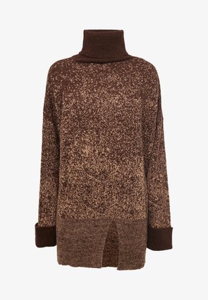 Maglione a collo alto a coste marrone e beige con maniche lunghe, polsini a coste e orlo anteriore con spacco.