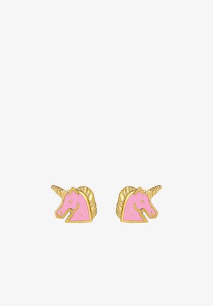 Guldtonede enhjørningøreringe med detaljer i pink emalje, der har et fremtrædende horn og design med flydende manke. Kompakt form, perfekt til daglig brug.