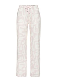 Light pink pajama pants with a contrasting white abstract pattern, featuring an elastic waistband and drawstring. Soft, breathable fabric.