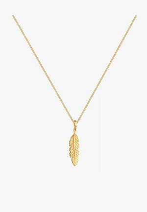 Zlatom pozlátený náhrdelník s príveskom v tvare listu. Prívesok má detailné žilkovanie a štruktúru, zavesený na tenkej retiazke.