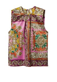 Blouse sans manches avec des motifs baroques floraux et géométriques vibrants en rose, orange, jaune, vert et violet, avec un décolleté en trou de serrure.