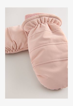 Rausvos spalvos išklotinės kumštinės pirštinės su elastiniais rankogaliais, lygiu paviršiumi, siūtu raštu ir minkšta tekstūra. Sukurtos suteikti šilumą ir komfortą.