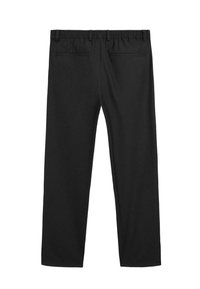 Pantalons de sport noirs avec une taille élastique, deux poches arrière et une coupe ample. Texture de tissu lisse et design à jambes droites.
