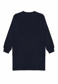 Granatowa sukienka z długim rękawem i okrągłym dekoltem, wykonana z miękkiego materiału. Posiada ściągacze na rękawach i prosty krój.