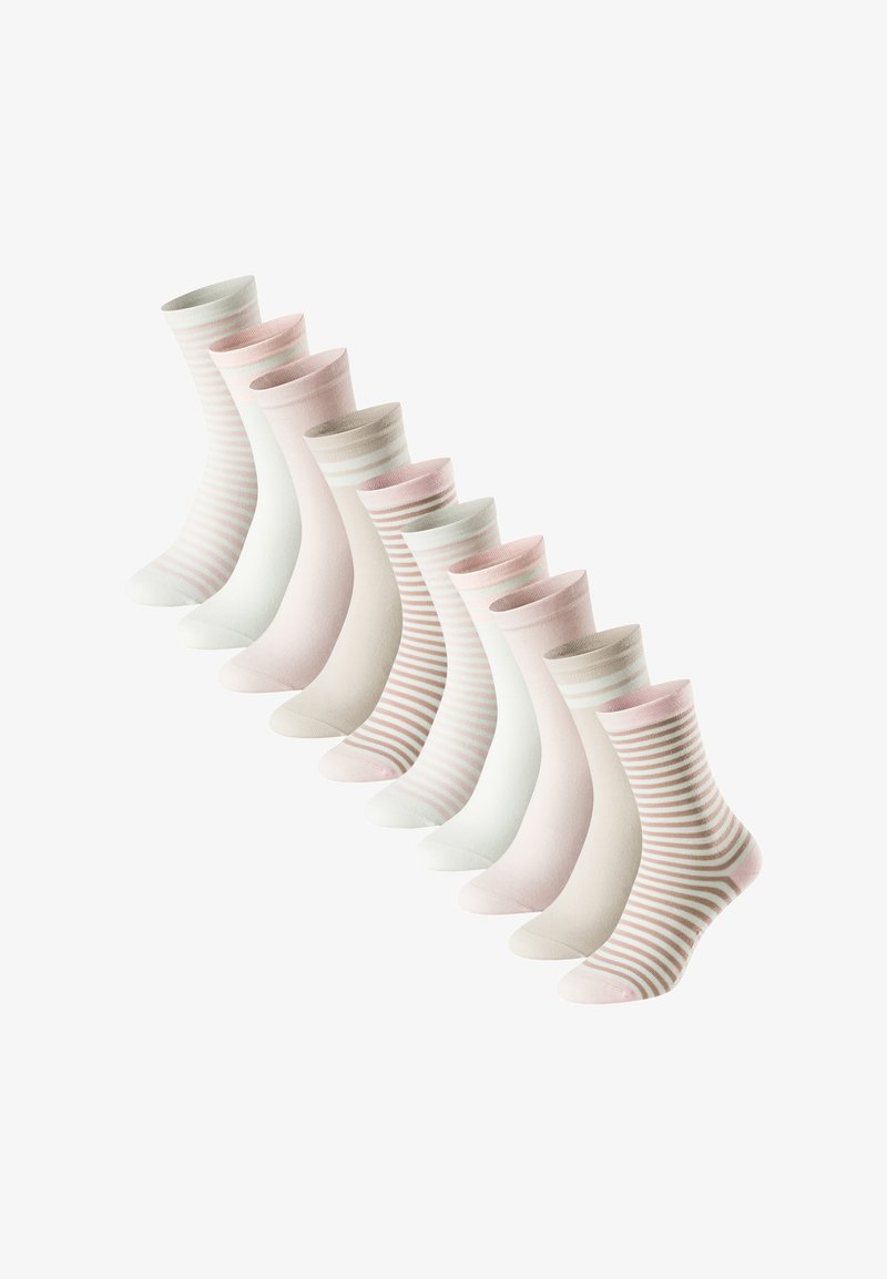 Sæt med otte par sokker med forskellige designs: ensfarvede i lys beige, pink og mintgrøn samt stribede mønstre i matchende nuancer.