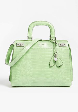 Hellgrüne Handtasche mit Krokodilmuster, oberem Griff, Schulterriemen und silbernem Schloss-Anhänger.