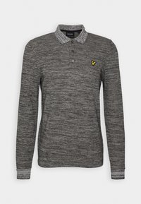 Polo à manches longues gris marbré avec une patte de boutonnage à trois boutons et un petit logo d'oiseau jaune sur la poitrine gauche.
