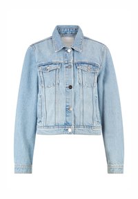 Giacca in denim azzurro chiaro con colletto, chiusura con bottoni, due tasche sul petto e maniche lunghe. Presenta cuciture classiche e una vestibilità cropped.