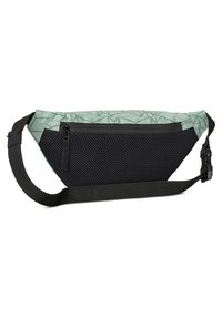 Marsupio nero e verde menta con texture a rete, tasca con zip, tracolla regolabile e motivo geometrico sul tessuto verde menta.