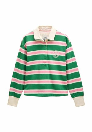 Green and pink striped long-sleeve polo shirt with a white collar and logo detail on the chest. Made of soft fabric, featuring a relaxed fit.