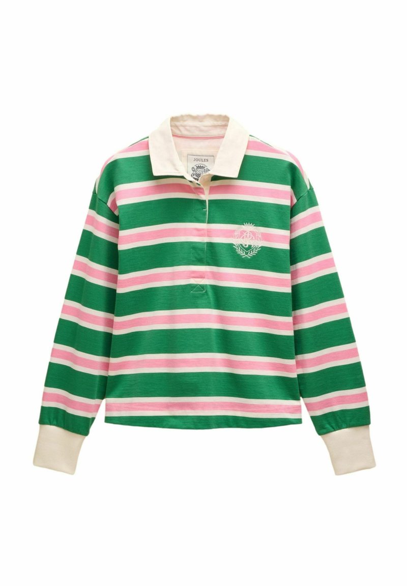 Gestreiftes Longsleeve-Polo-Shirt in Grün und Pink mit einem weißen Kragen und einem Logodetail auf der Brust. Aus weichem Stoff gefertigt und mit einer lässigen Passform.