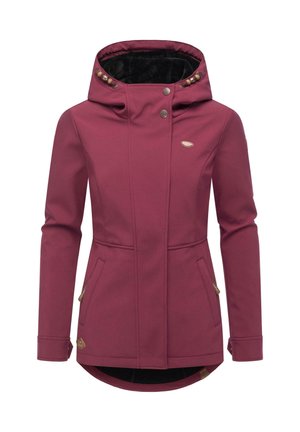 Giacca softshell bordeaux con colletto alto, dettagli in bottone color oro, tasche laterali e orlo curvo. Interno foderato in pile per il calore.