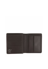 Portefeuille bifold en cuir marron foncé ouvert montrant plusieurs emplacements pour cartes et une poche à monnaie sur fond blanc.