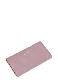 Pink patterned wallet with a textured exterior and a gold logo. Slim, rectangular shape with a smooth border. Closure style not visible.