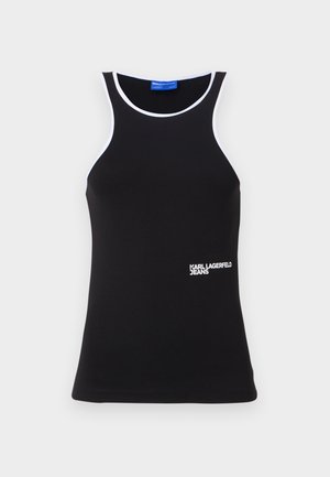 Débardeur noir sans manches en coton, avec des finitions blanches et un logo blanc "KARL LAGERFELD JEANS" sur le côté inférieur gauche.