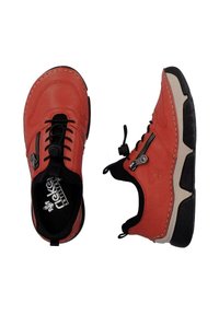 Red leather shoes with black accents, featuring a zip closure, lace-up design, textured surface, and a contrasting white sole.