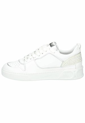 White sneaker with smooth leather upper, perforated toe, padded tongue, and textured silver accent at the heel. Rubber sole and laces included.