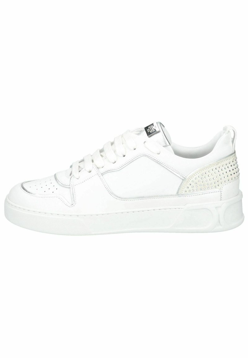 White sneaker with smooth leather upper, perforated toe, padded tongue, and textured silver accent at the heel. Rubber sole and laces included.