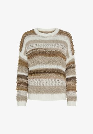 Strikket sweater med vandrette striber i beige, brun og hvid; tekstureret materiale med forskellige mønstre; rund halsudskæring og ribbede manchetter.