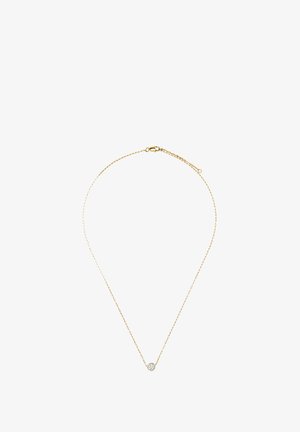 Złoty naszyjnik z łańcuszkiem, posiadający centralny wisiorek przypominający diament. Łańcuszek ma delikatny wzór ogniw i bezpieczne zapięcie.