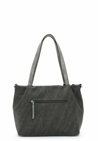 Sac fourre-tout gris en tissu texturé avec deux poignées robustes et une poche zippée à l'avant. Présente un design décontracté et des accents en métal lisse.