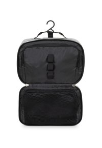 Musta riippuva toilettitasku, jossa on vetoketjullisia lokeroita, verkkotasku ja kangassilmukoita henkilökohtaisten hygieniatuotteiden järjestämiseen.