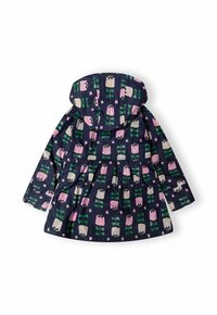 Mörkblå barnregnkappa med huva, med ett mönster av rosa och vita tulpaner med gröna blad och små blommor.