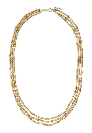 Złoty naszyjnik z trzema rzędami koralików, zawierający małe okrągłe i cylindryczne koraliki, zapięty na sprężynowe zapięcie z regulowanym łańcuszkiem.