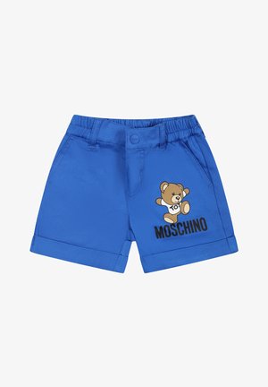 Pantaloni corti blu realizzati in tessuto morbido con vita elastica, caratterizzati da una grafica di un orso e la scritta "MOSCHINO" stampata in nero.