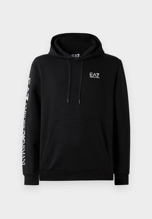 Black hooded sweatshirt made from cotton blend. Features a front pocket, drawstring hood, and EA7 branding in white on the chest and sleeve.