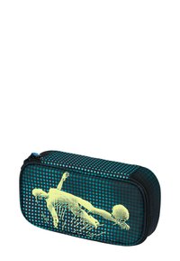 Czarny piórnik z turkusowymi kropkami, z graficznym motywem żółtej szkieletonowej postaci. Zamek błyskawiczny; prostokątny kształt. Wytrzymały materiał.