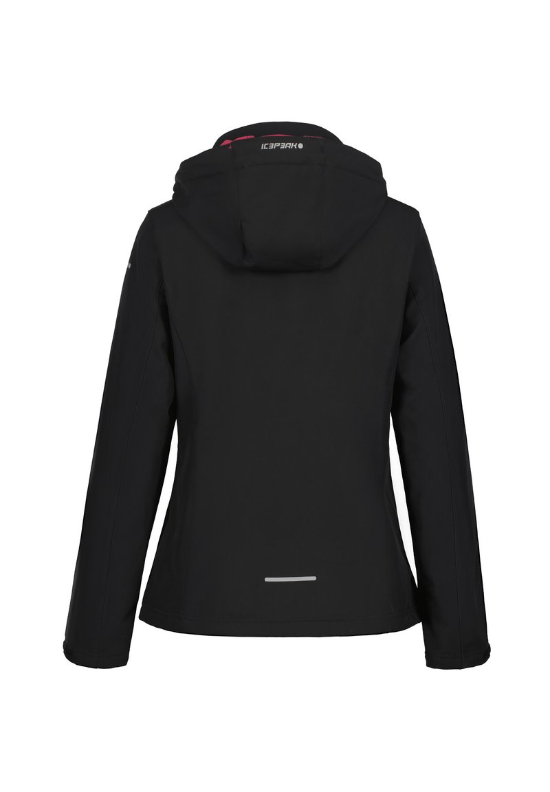 Giacca nera con cappuccio, caratterizzata da una consistenza liscia e un design aderente. L'accento riflettente vicino all'orlo aumenta la visibilità.