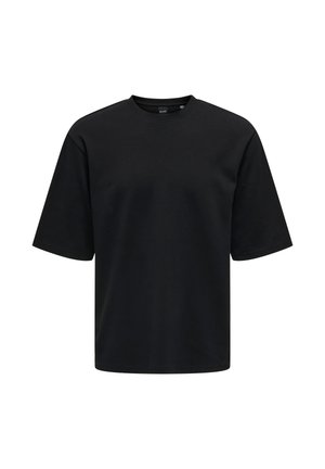 Czarny bawełniany T-shirt z okrągłym dekoltem, krótkimi rękawami i luźnym krojem. Gładka tekstura bez wzorów i dodatkowych zdobień.