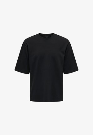 Schwarzes Baumwoll-T-Shirt mit rundem Ausschnitt, kurzen Ärmeln und lockerem Schnitt. Glatte Textur ohne Muster oder zusätzliche Akzente.