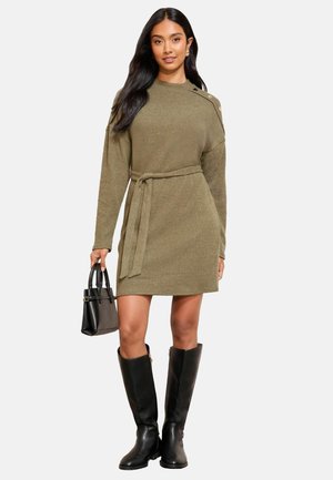 LONG SLEEVE BUTTON SHOULDER TIE BELT COSY MINI - Strickkleid - khaki green