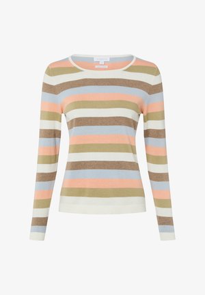 Pull en maille rayé avec des couleurs alternées pêche, bleu, vert, marron et blanc. Poignets et col côtelés, matière légère.