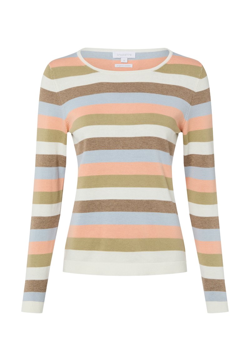 Pull en maille rayé avec des couleurs alternées pêche, bleu, vert, marron et blanc. Poignets et col côtelés, matière légère.