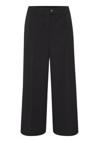 Zwarte wijde broek gemaakt van soepele stof, met een voorgesloten knoop, twee zijzakken en een geplooid ontwerp voor extra textuur.
