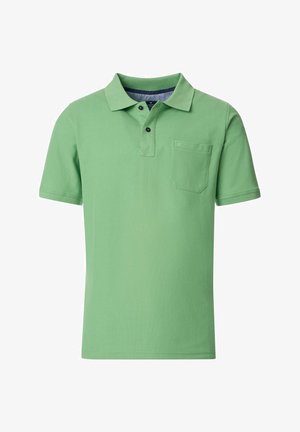 Grøn polo shirt lavet af bomuld, med en tre-knaps placket, korte ærmer og en brystlomme. Glat tekstur med ensartet farve.