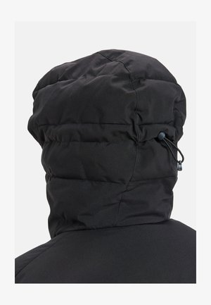 Black insulated hooded jacket featuring a quilted design, adjustable drawstring, and soft texture. The back is seamless with a rounded shape.