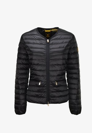 Giacca nera trapuntata con cerniera, maniche lunghe, due tasche frontali con zip e collo rotondo, con un piccolo logo giallo sulla manica sinistra.