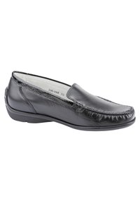 Black leather slip-on shoe with a rounded toe, textured stitching along the edge, and a flexible rubber sole. Smooth interior lining.