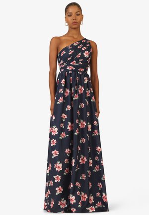 Maxikleid mit einem Schulterträger aus navyblauem Stoff, versehen mit Falten und einer taillierten Taille, geschmückt mit pinken und grünen Blumenmustern.