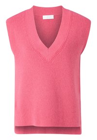 Rosa ärmelloser Pullover mit V-Ausschnitt, ausgestattet mit einem strukturierten Rippmuster und einer lässigen Passform. Der Saum ist hinten leicht länger.