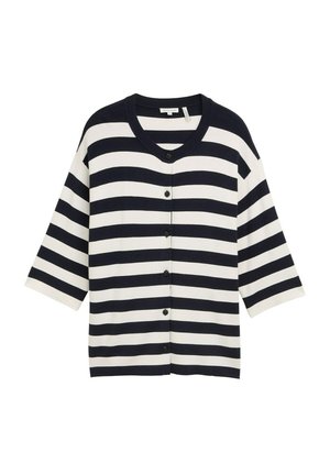 Marineblauwe en witte horizontaal gestreepte cardigan met ronde hals, vijf zwarte knopen aan de voorkant en driekwart mouwen.
