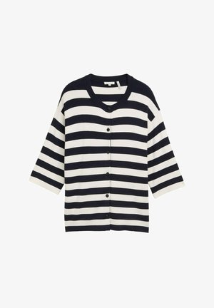 Navy and white horizontal striped cardigan with round neckline, five black buttons down the front, and three-quarter length sleeves.