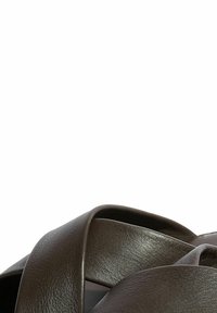 Sandali in pelle marrone con suola a slitta, dotati di cinturini larghi e sovrapposti e una texture liscia. Il design presenta uno stile minimalista e punta aperta.
