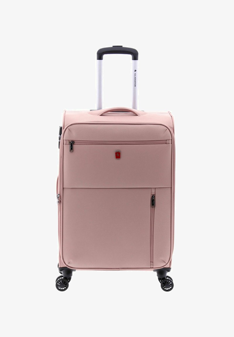 Maleta de color rosa claro con carcasa rígida, ruedas negras, un mango retráctil y un bolsillo frontal con cremallera. Incluye logotipo de la marca en la parte delantera.