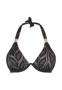 Schwarzer Bikini-Oberteil mit einem Blättermuster, Halterneck mit Bindeschluss und metallischen Akzenten an den Seiten.