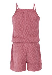 Conjunto en dos piezas de rizo rosa que incluye una blusa sin mangas con un escote elástico y unos pantalones cortos a juego, ambos con un patrón geométrico.